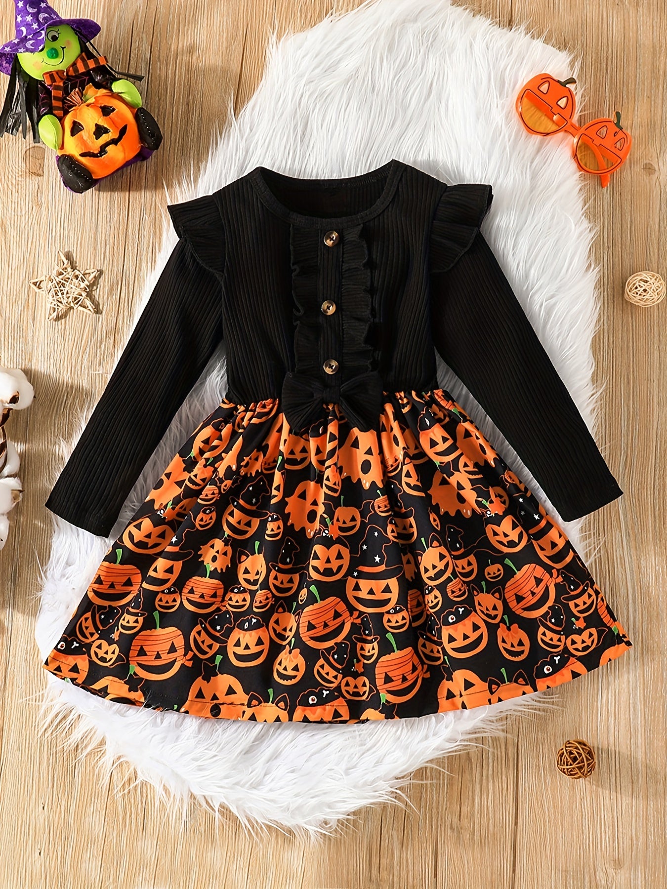 Girls Pumpkin Print Frill Trim Dress For Halloween Party