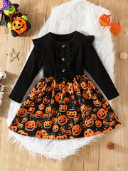 Girls Pumpkin Print Frill Trim Dress For Halloween Party