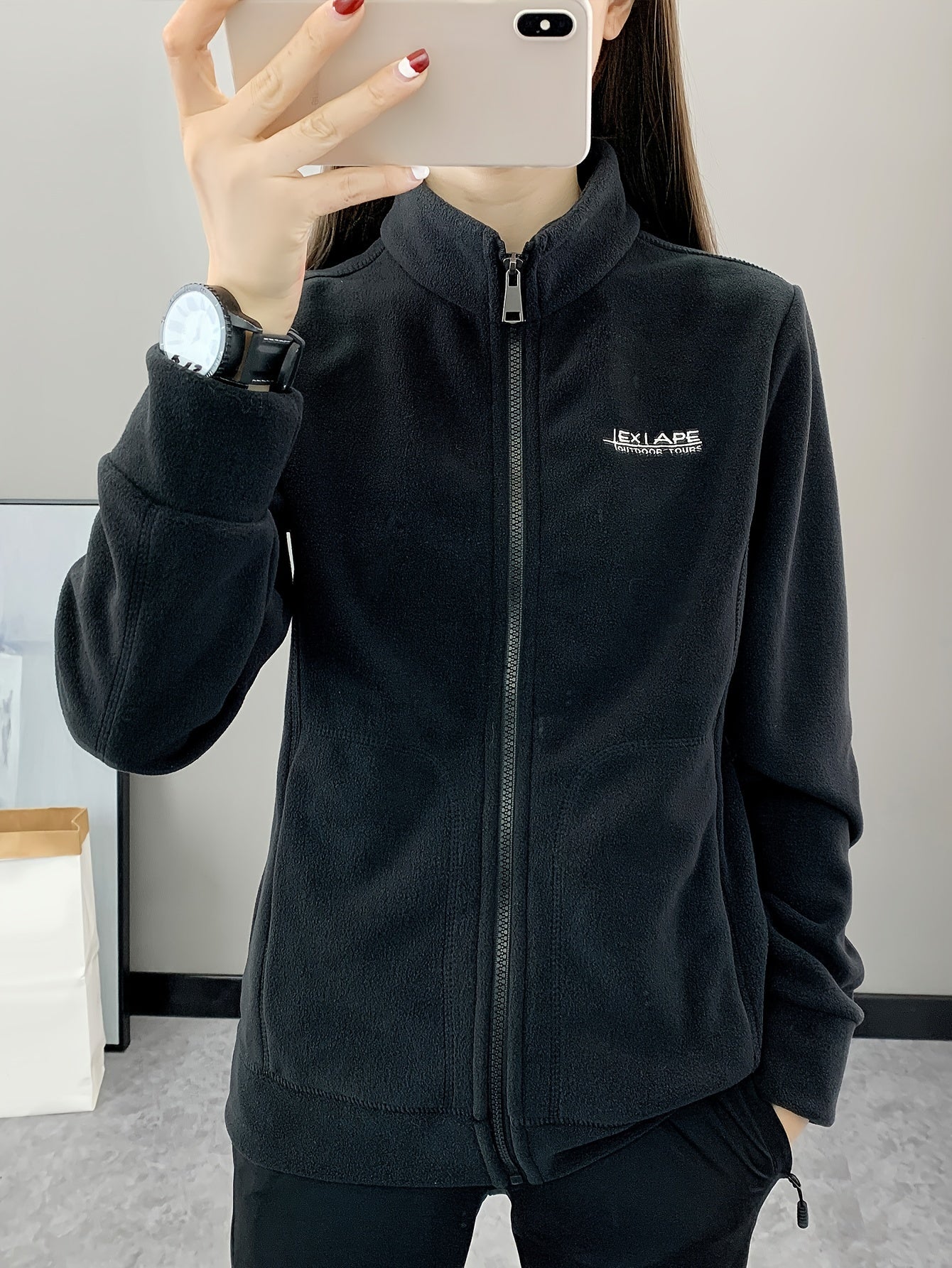 Letter Pattern Outdoor Jacket Long Sleeves Mock Neck Fleece Liner Coat