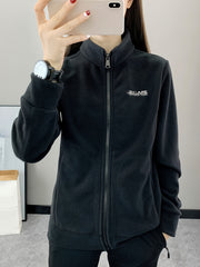 Letter Pattern Outdoor Jacket Long Sleeves Mock Neck Fleece Liner Coat