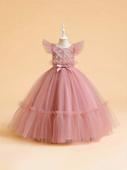Girls Princess Dress Floral Embroidered Sequin Tulle Ball Gown