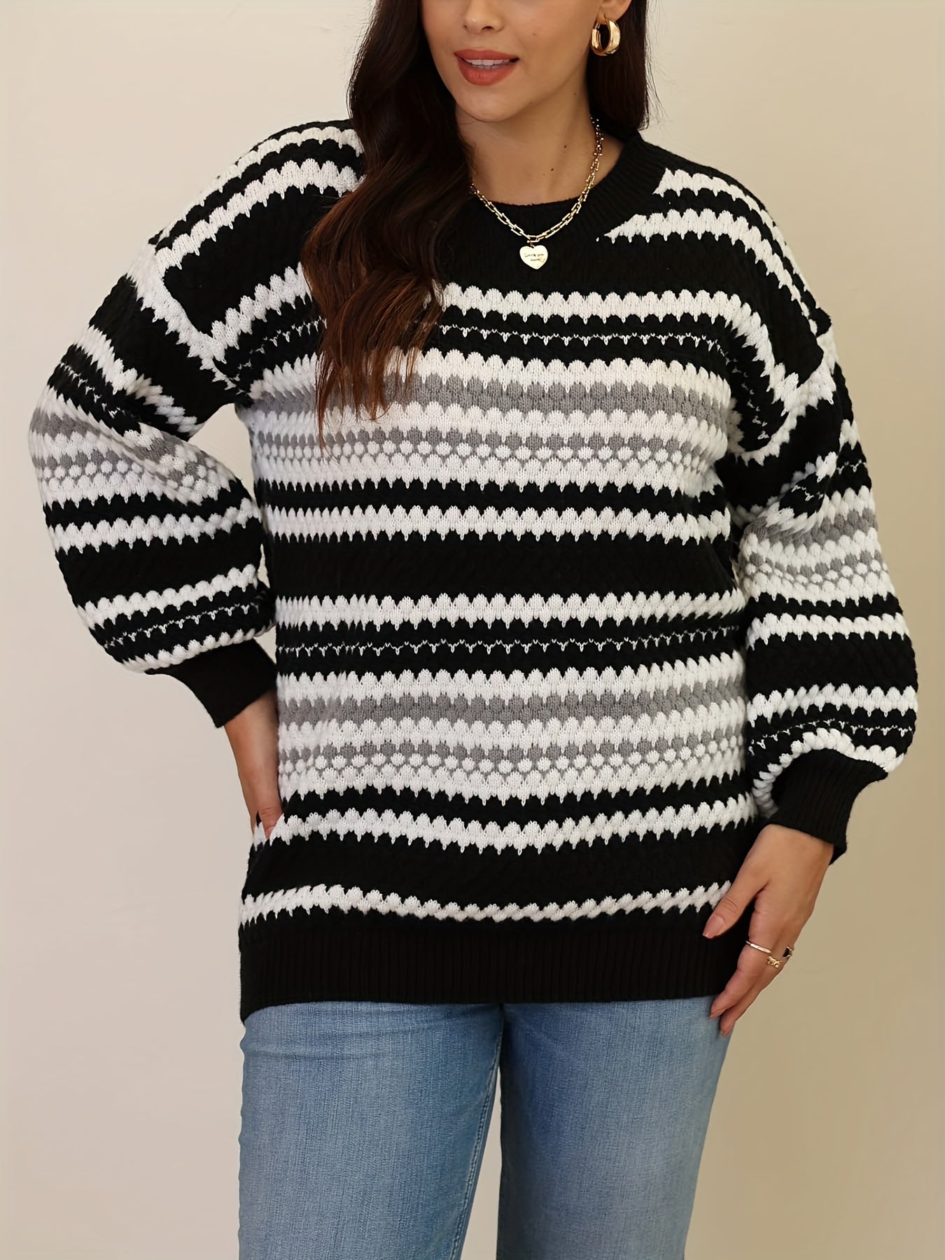 Striped Long Sleeve Sweater Round Neck Jumper