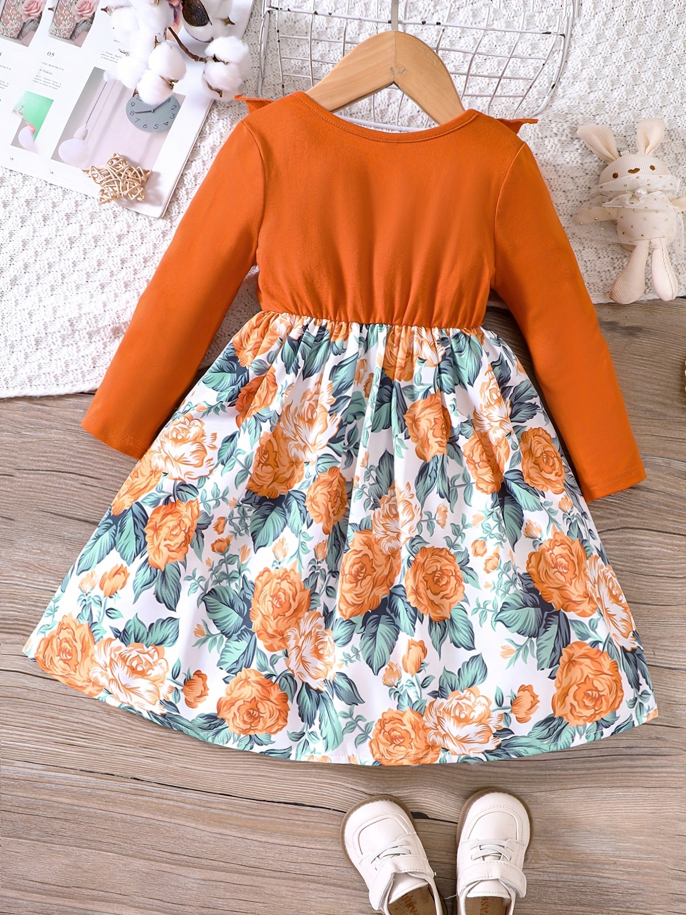 Girls' Floral Print Crewneck Long Sleeve Casual Dress
