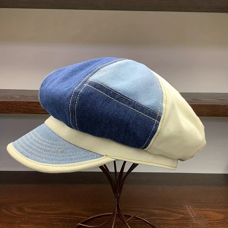 Denim Patchwork Newsboy Hat Classic 8 Panels Cap Unisex Octagonal Cap