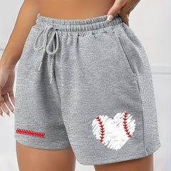 Heart Print Elastic Drawstring Sports Shorts