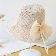 Bow Decor Bucket Hat Hollow Crochet Breathable Basin Hat Sun Hat