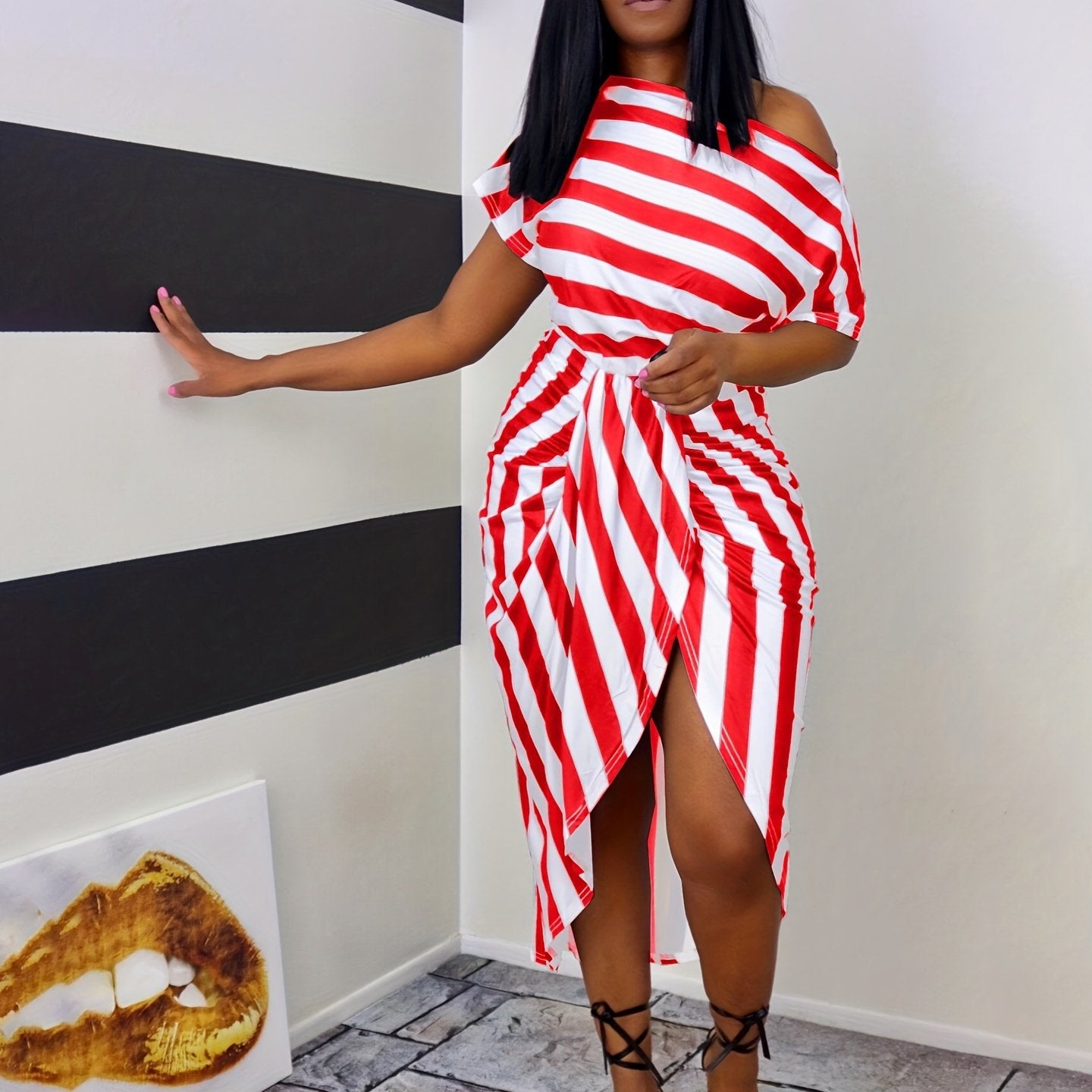 Sexy Striped One Shoulder Split Dress