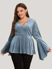 Casual Top Women's Plus Solid Striped Bell Sleeve V Neck