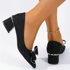 Rhinestone & Bowknot Chunky Heels Point Toe Pumps