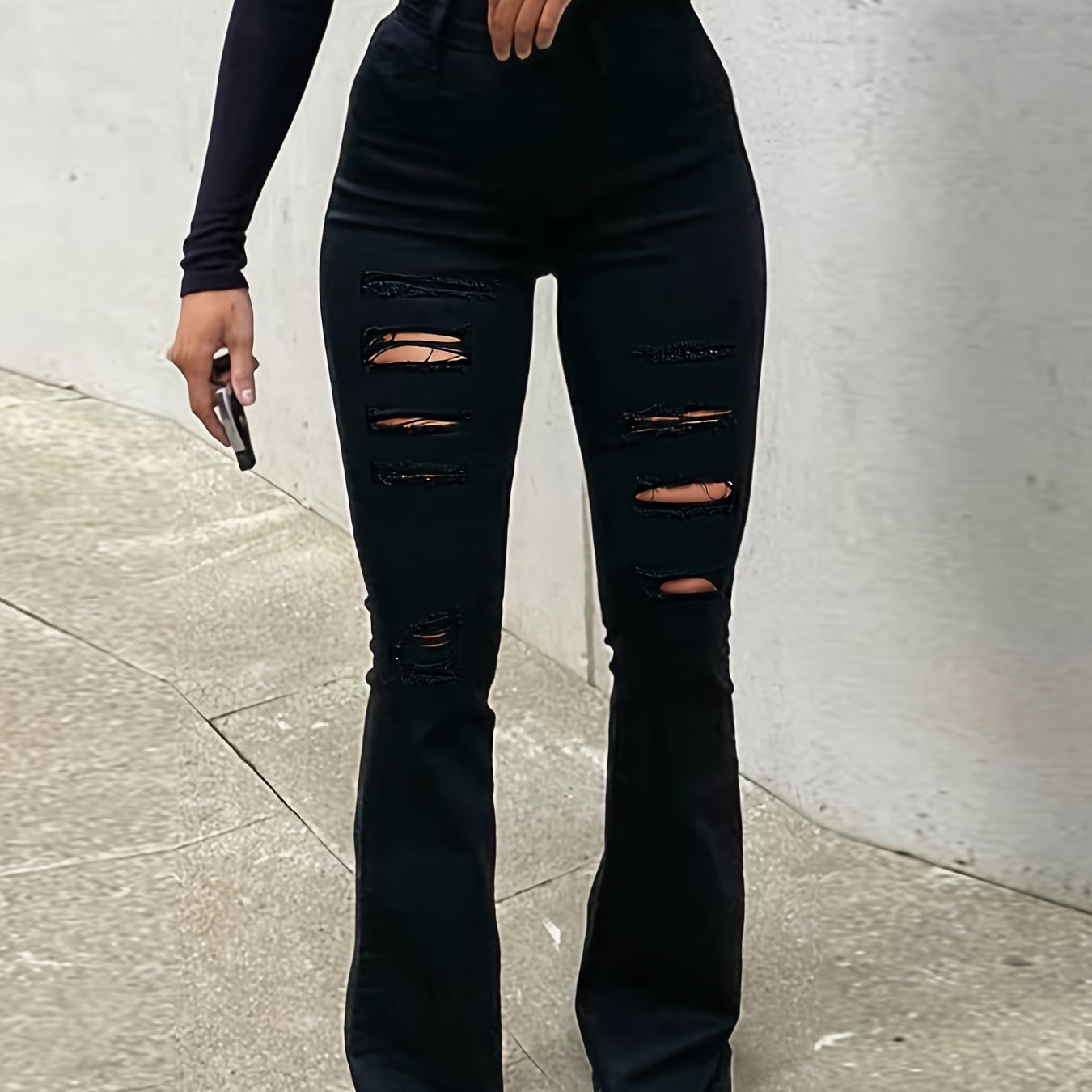 High Waist Ripped Bootcut Denim Jeans Slim Fitting Flare Legs Pants