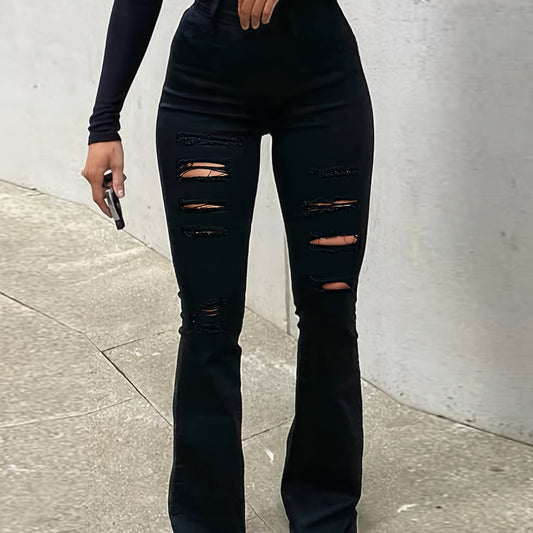 High Waist Ripped Bootcut Denim Jeans Slim Fitting Flare Legs Pants