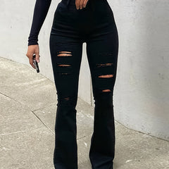 High Waist Ripped Bootcut Denim Jeans Slim Fitting Flare Legs Pants