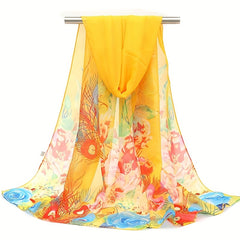 Phoenix Tail Print Chiffon Scarf Vintage Silk Thin Shawl Hijab