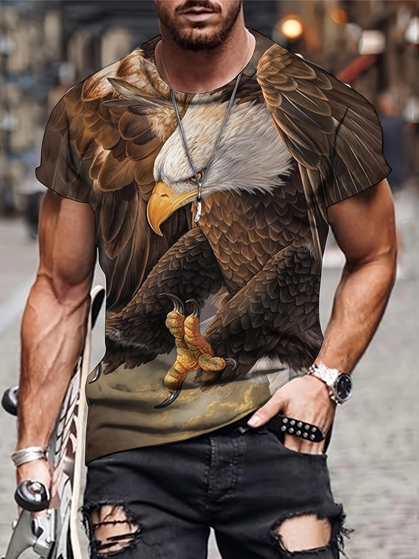 Men's Eagle Print T-shirt Casual Stretch Tee for Outdoors