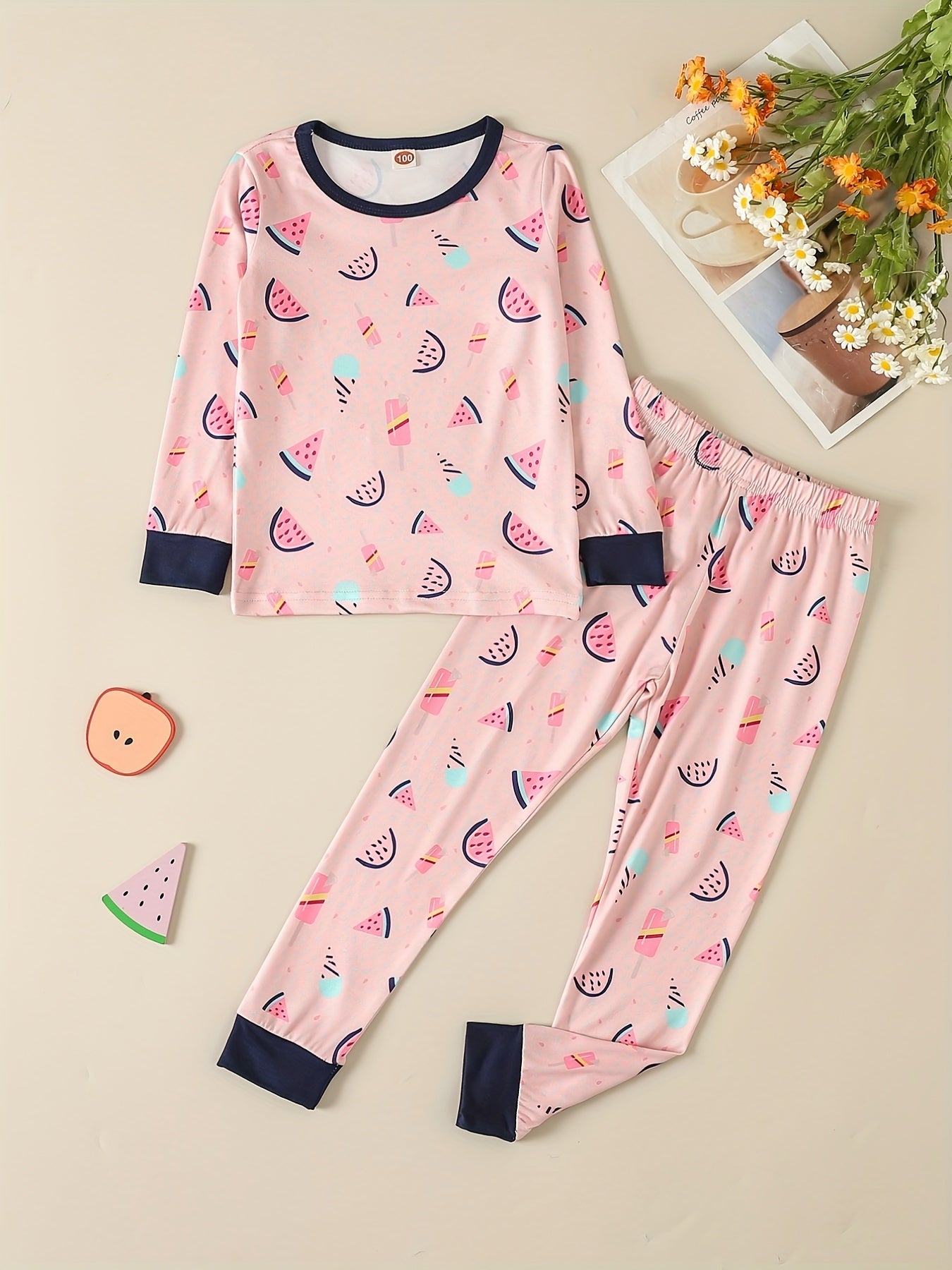 2Pcs Toddler Girls Watermelon Pajama Set Long Sleeve Top & Pants