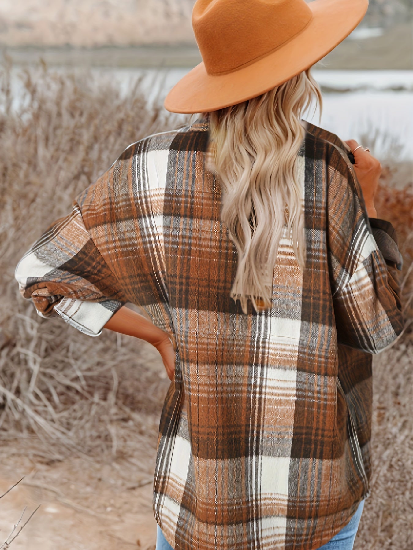 Plaid Print Button Up Long Sleeve Lapel Collar Blouse
