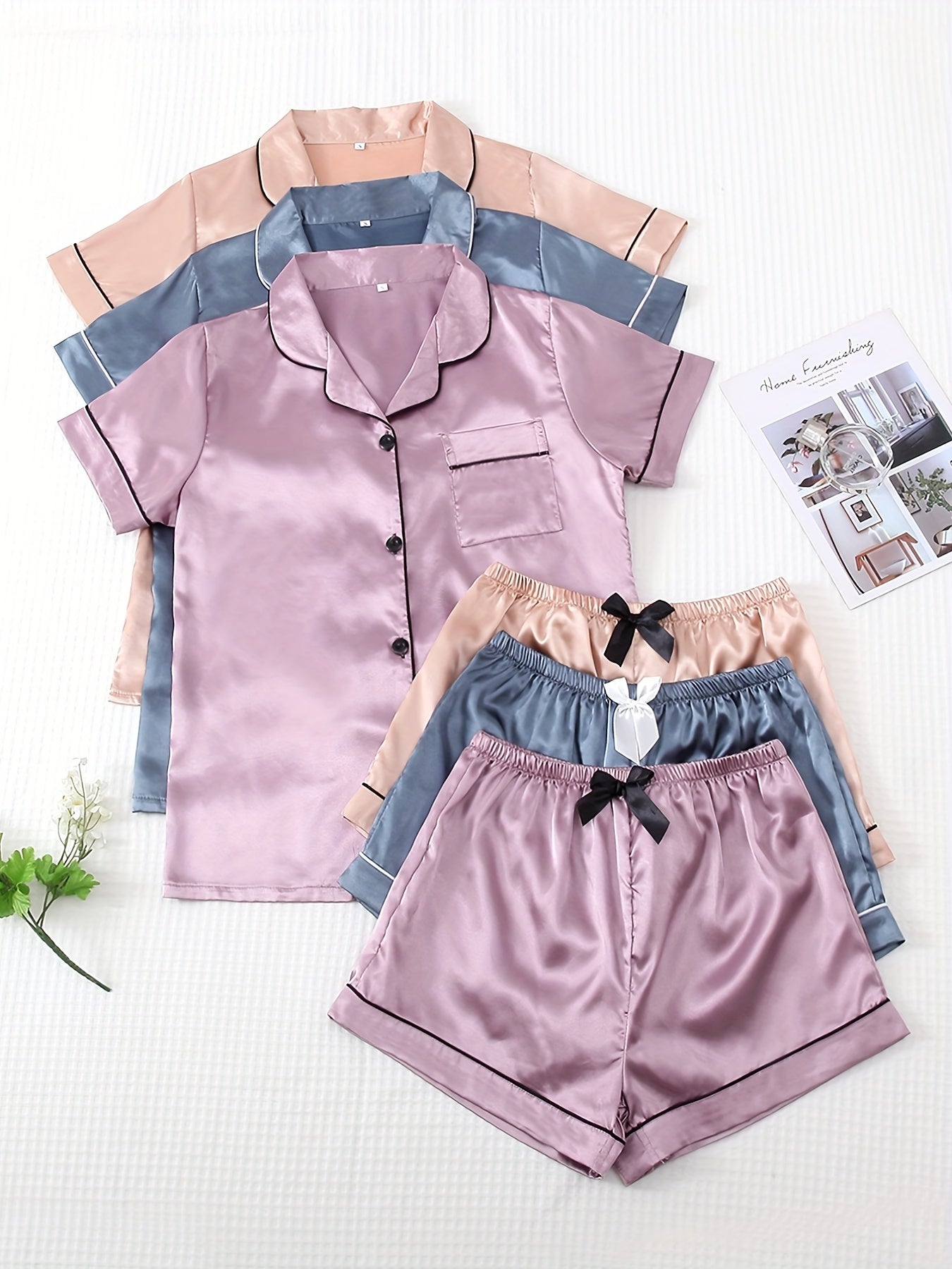 Satin Pajama Set Short Sleeve Top & Bow Shorts Women's Sleepwear