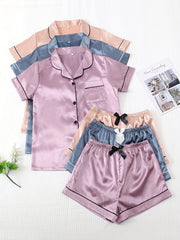 Satin Pajama Set Short Sleeve Top & Bow Shorts Women's Sleepwear