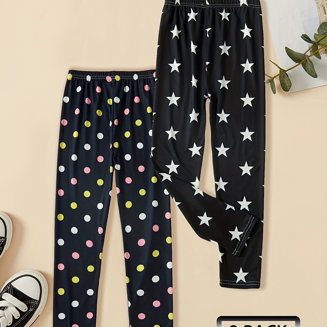 2pcs Girls Footless Leggings Polka Dots Star Graphic Slim Leggings