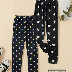 2pcs Girls Footless Leggings Polka Dots Star Graphic Slim Leggings