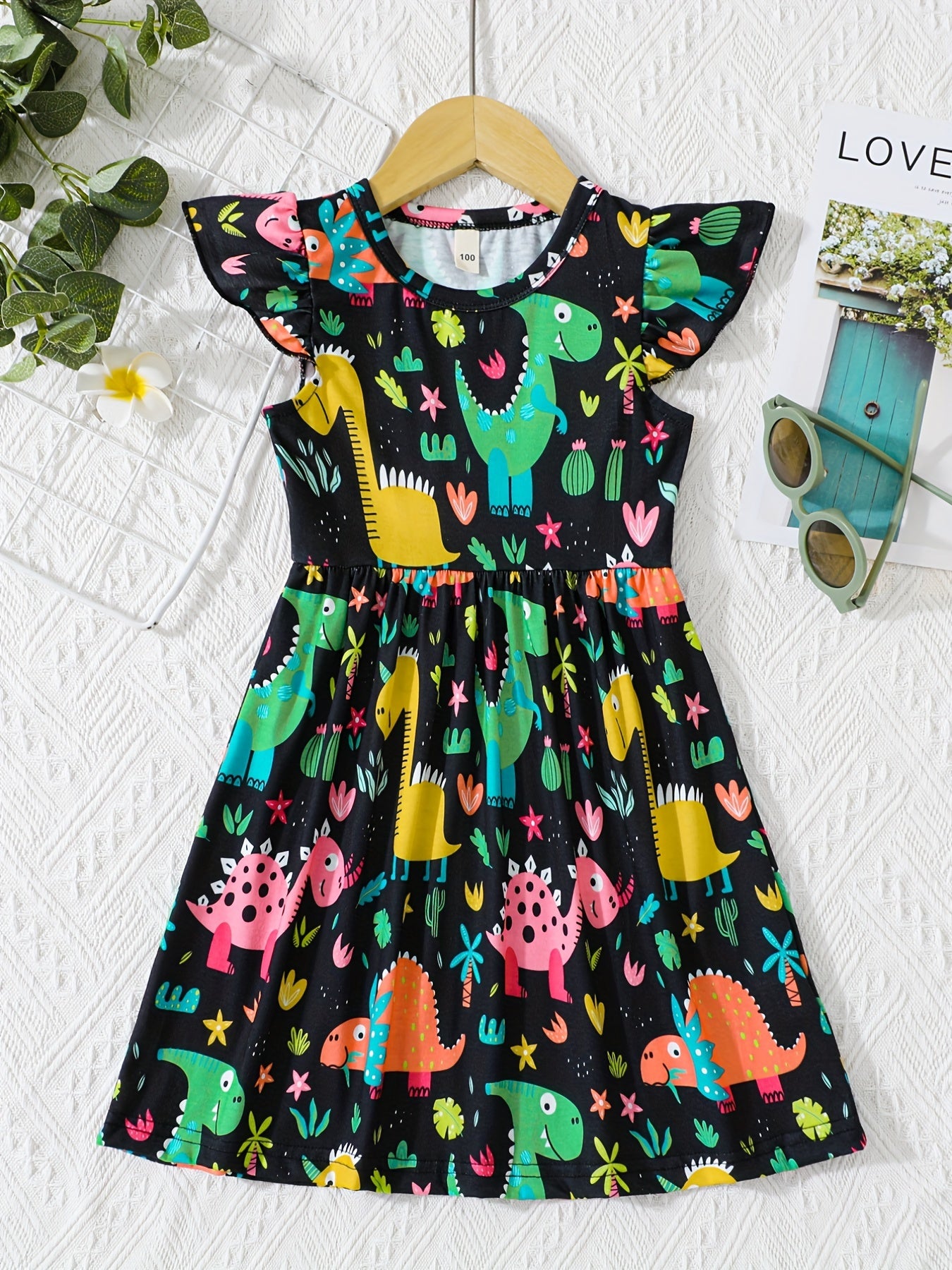 Girls' Cactus & Dino Allover Dress - Comfy Casual Party Vacation Dress