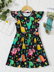 Girls' Cactus & Dino Allover Dress - Comfy Casual Party Vacation Dress