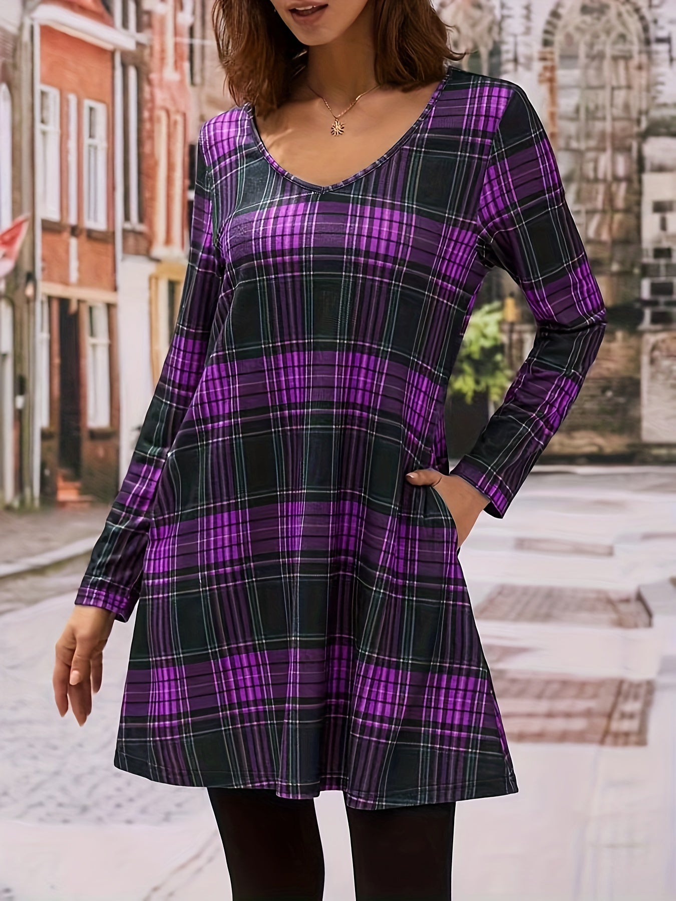 Women's Plus Plaid Print Long Sleeve V Neck Tee Dress With Pockets