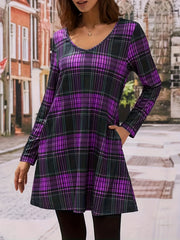 Women's Plus Plaid Print Long Sleeve V Neck Tee Dress With Pockets