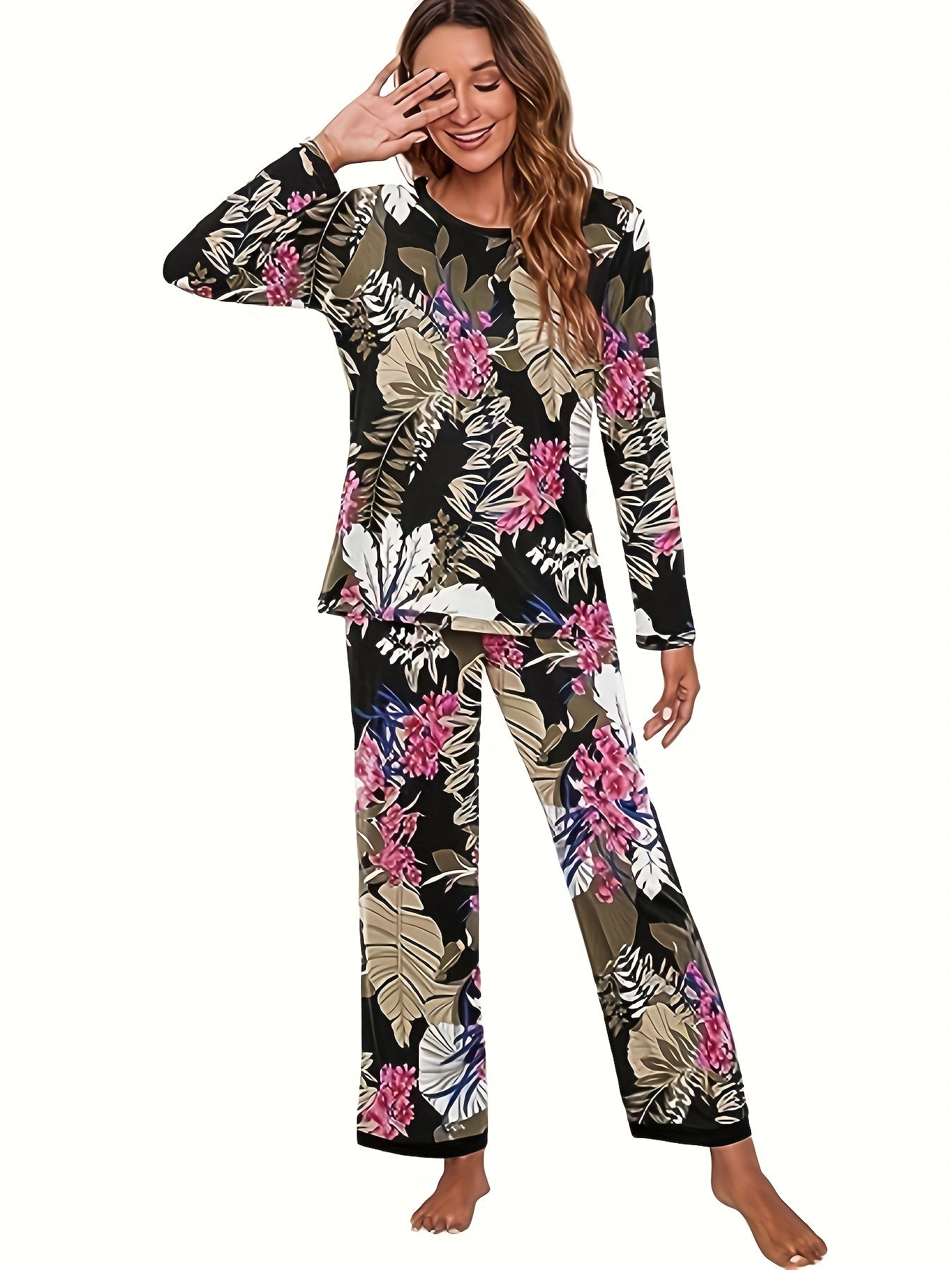 Pattern Print Lounge Set Long Sleeve Crew Neck Top & Pants Women's Loungewear