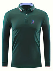 Men's Deer Print Polo Shirt Casual Stretch Button Up Long Sleeve Shirt