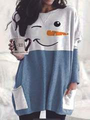 Snowman Print Long Sleeve Tee Dress With Pockets