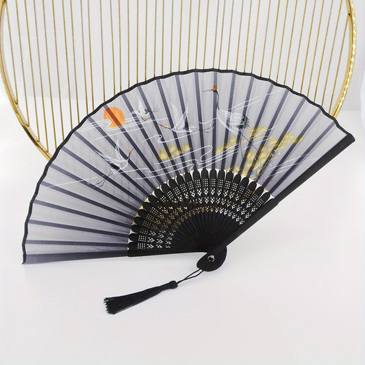 Chinese Style Crane Print Folding Fan Dance Props Women