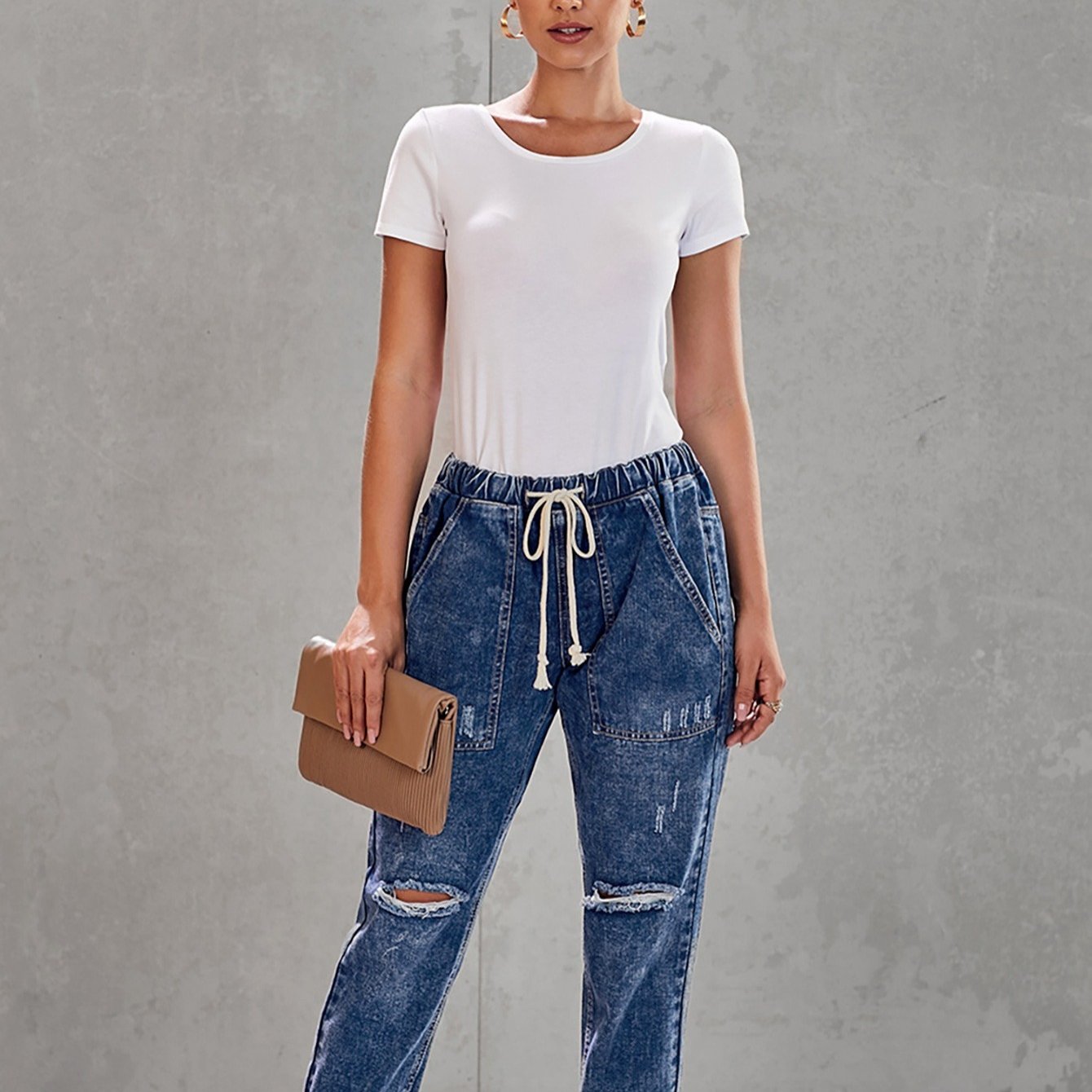 Distressed Drawstring Denim Pants Slash Pockets Ripped Jeans