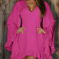 Solid Bell Sleeve V Neck Ruffle Trim Dress
