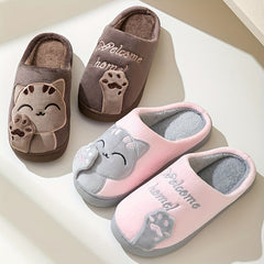 Cat Cartoon Plush Slippers Cozy Closed Toe Flat Fuzzy Indoor Shoes