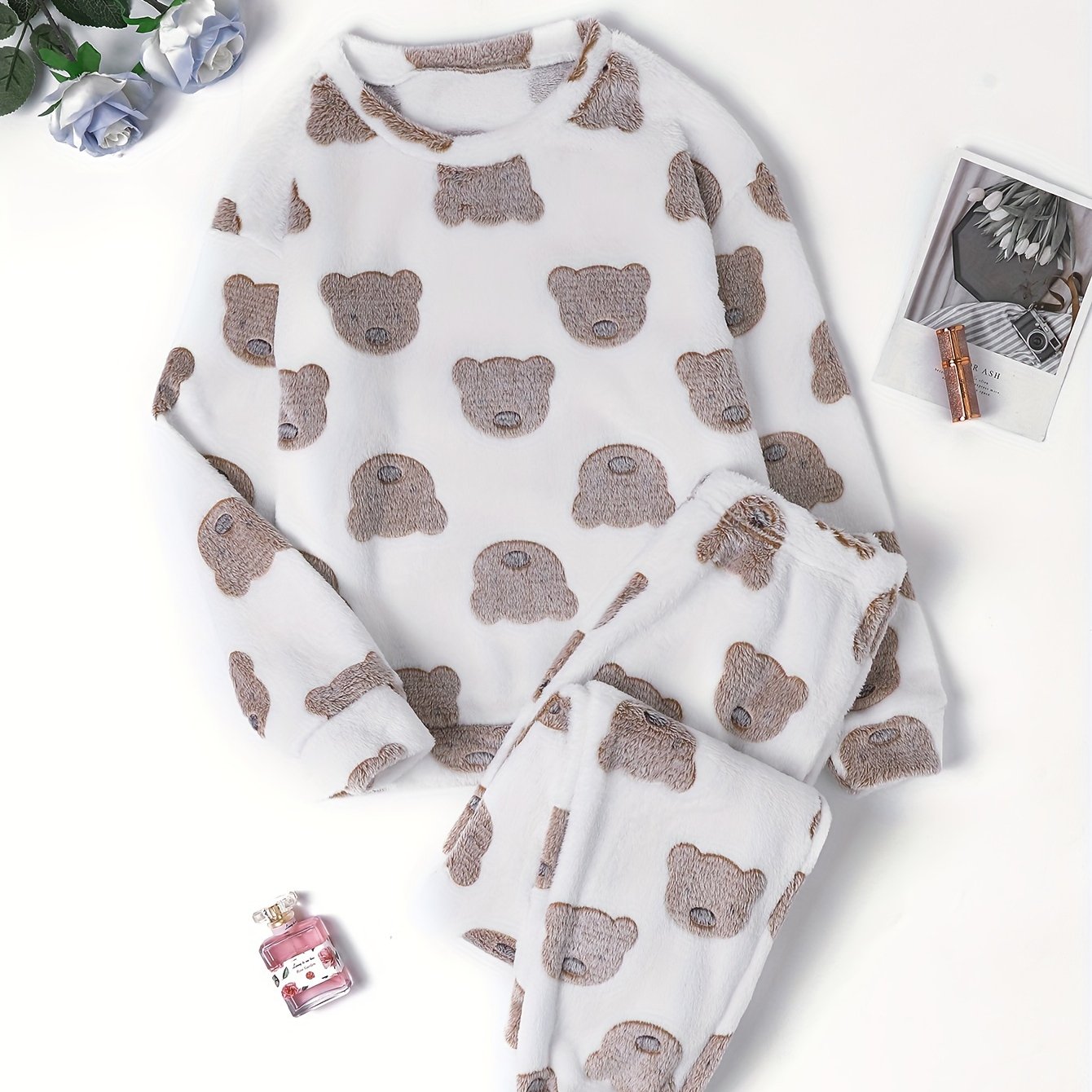 Bear Print Flannel Lounge Set - Warm Pajamas