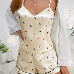 Cherry Print Pajama Set V Neck Cami Top & Shorts Women's Sleepwear