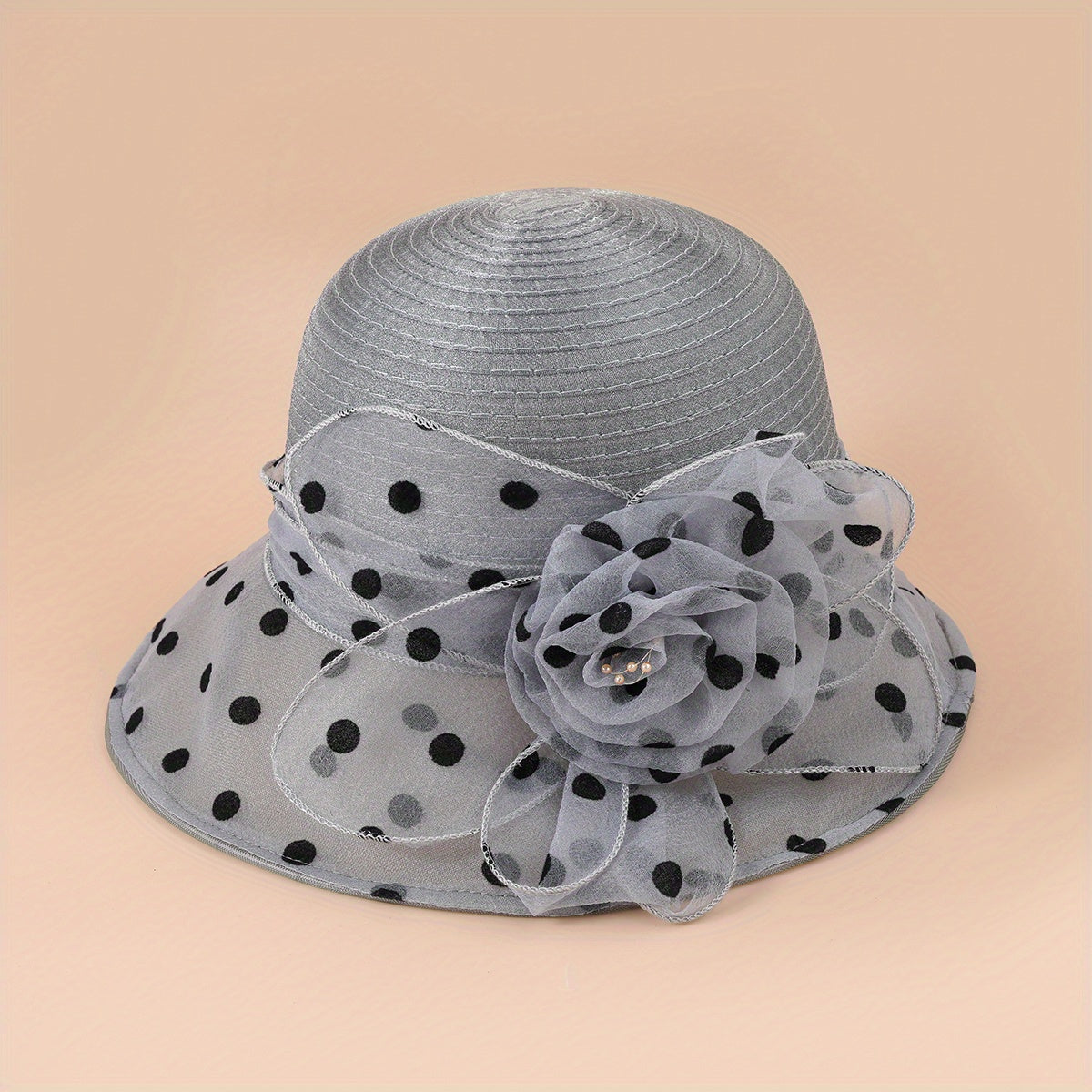 Polka Dot Organza Derby Hat French Mesh Flower Sun Hat Solid Church Hat
