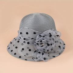 Polka Dot Organza Derby Hat French Mesh Flower Sun Hat Solid Church Hat