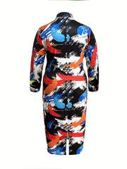 Women's Plus Feather Print Zip Up Mock Neck Long Sleeve Slim Fit Midi Dress