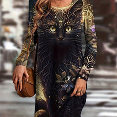 Cat Print Round Neck Dress