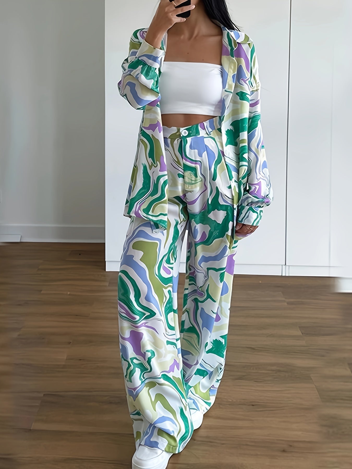 Women's Plus Marble Print Long Sleeve Button Up Shirt & Wide Leg Pants Set