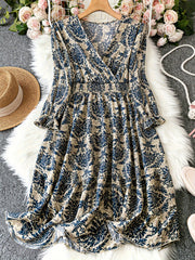 Boho Damask Print Maxi Dress Lantern Sleeve V Neck Plus Size