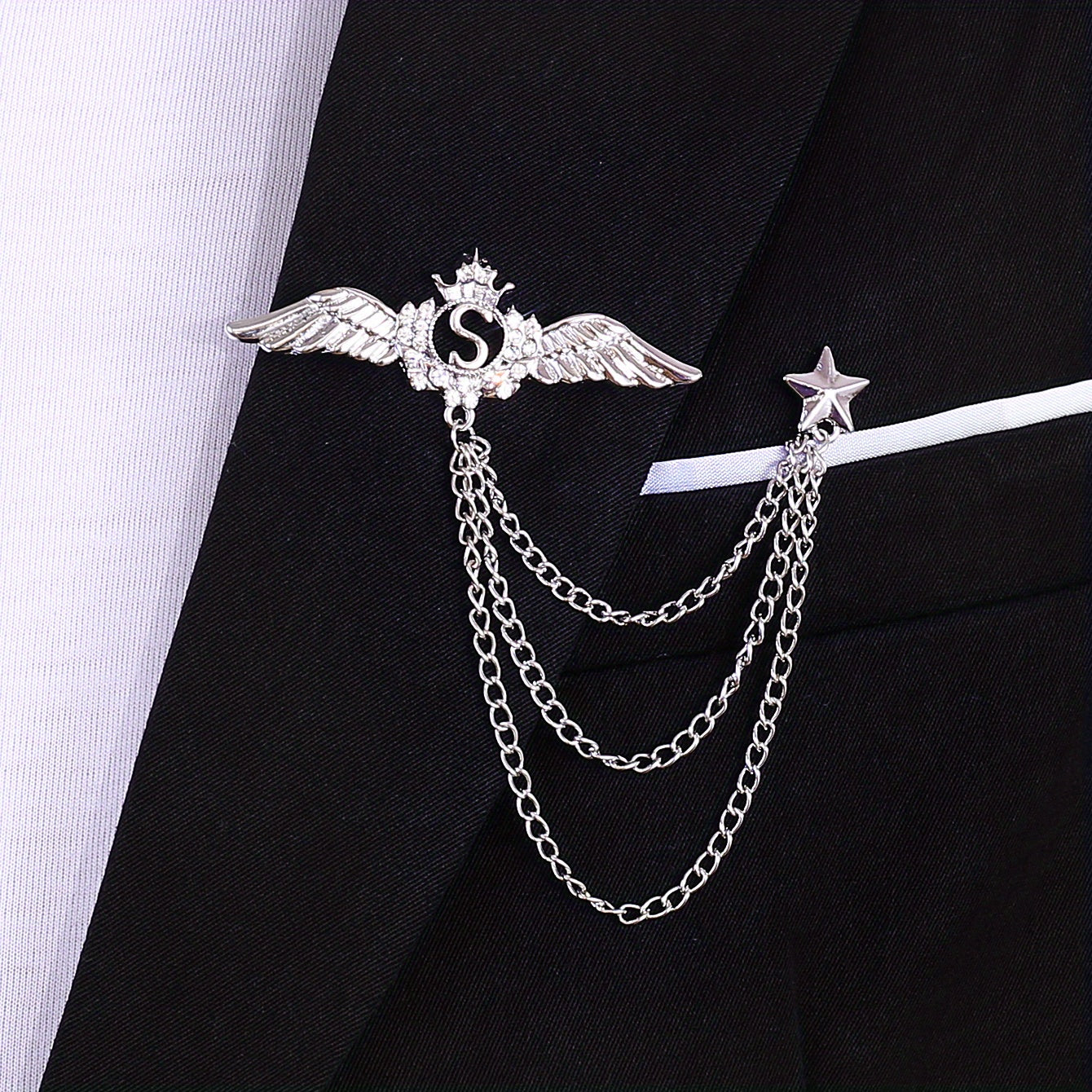 Alloy Artificial Diamond Wings Brooch Chain Style Pin Corsage