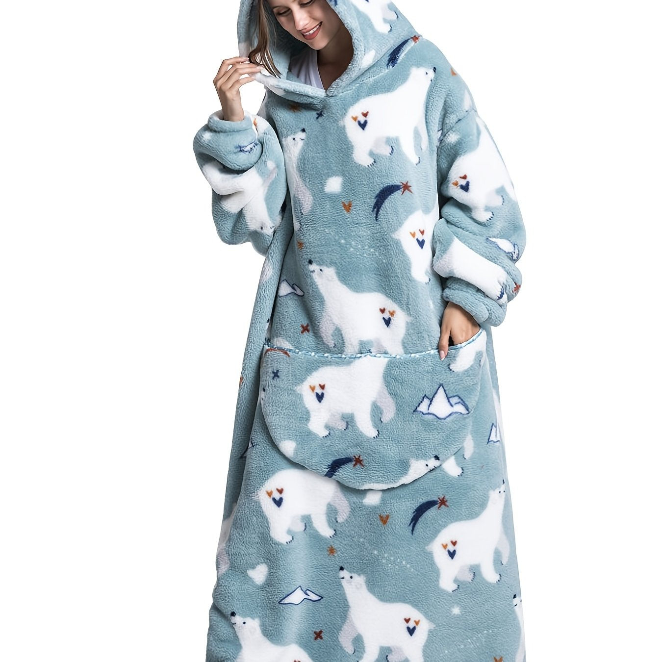 Women's Plus Polar Bear Print Plush Flannel Hoodie Nightgown