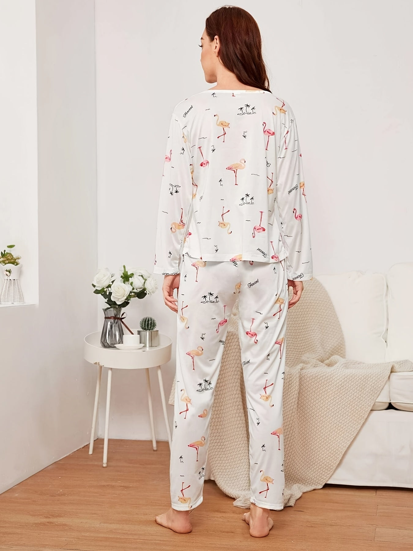 Flamingo Print Pajama Set Long Sleeve Crew Neck Top & Elastic Waistband Pants
