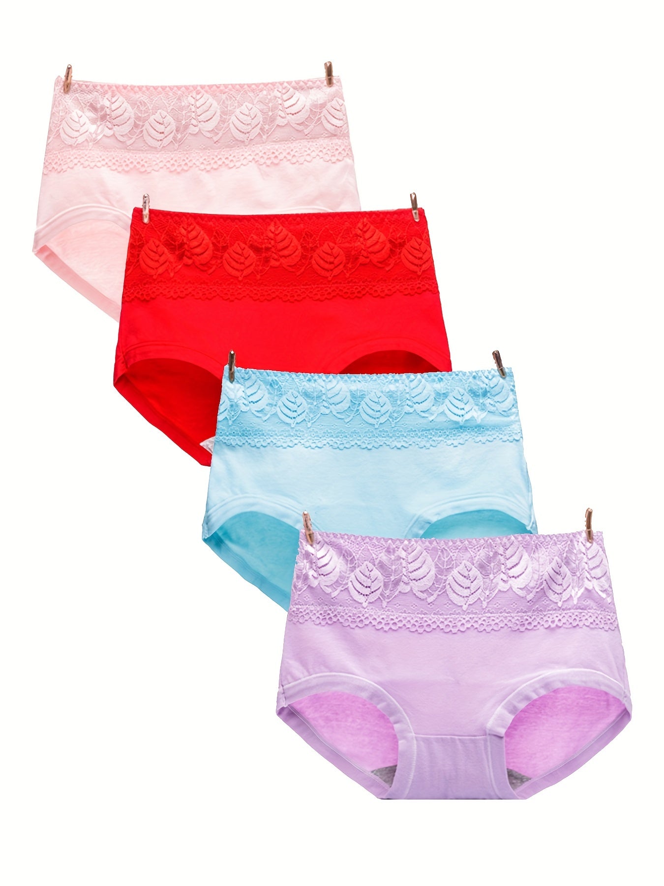 4pcs Lace Briefs Breathable Mid Rise Stretchy Panties Women's Lingerie