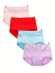 4pcs Lace Briefs Breathable Mid Rise Stretchy Panties Women's Lingerie