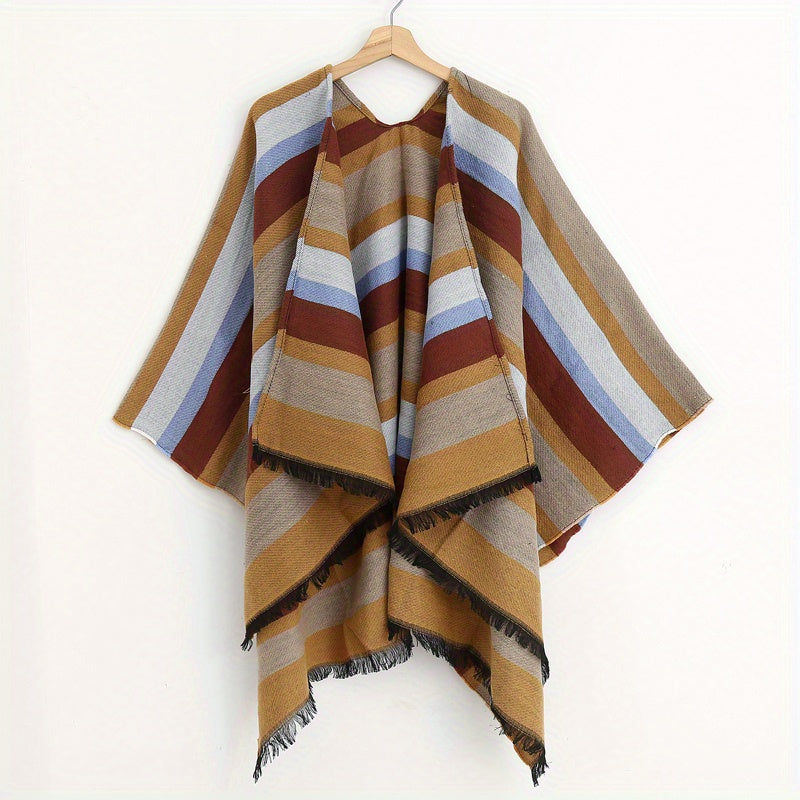 Striped Block Shawl Tassel Wraps Cashmere Large Blanket Scarf Vintage Cardigan
