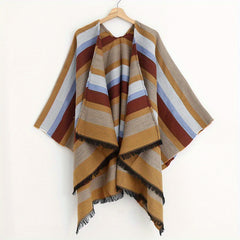 Striped Block Shawl Tassel Wraps Cashmere Large Blanket Scarf Vintage Cardigan